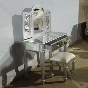 Modern Mirrored Glass Dressing Table with Stool and Folded Mirror in Silver Wood Color for Bedroom in Venetian Furniture Design