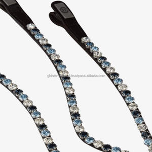 Handmade Wave Shape Leather Horse Brow Band With Decorative Blue Breeze <b>Glass</b> Crystals <b>Chain</b> Customized Adjustable Loops - Product Image 1
