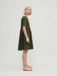 Trending últimas 100% Lino crepé color verde oliva o-cuello mini longitud manga corta mujeres Lino sexy vestido - Product Image 4