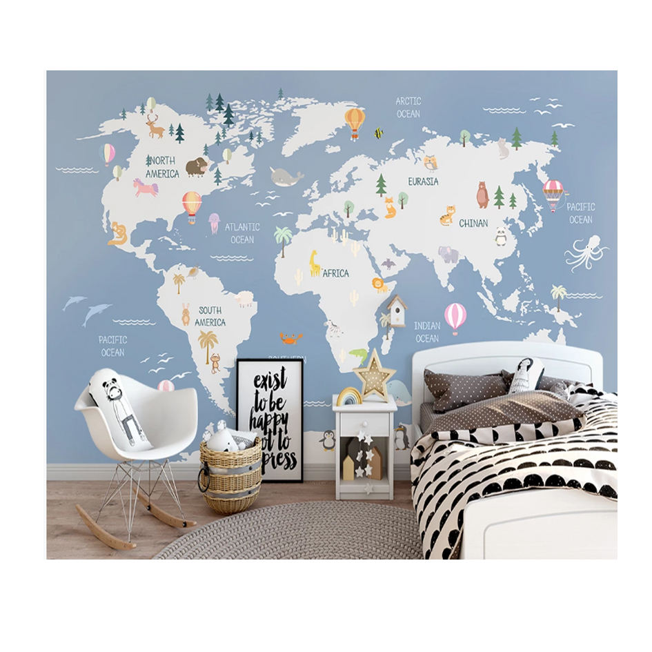 Hand-painting style world map wall mural cartoon children wallpaper