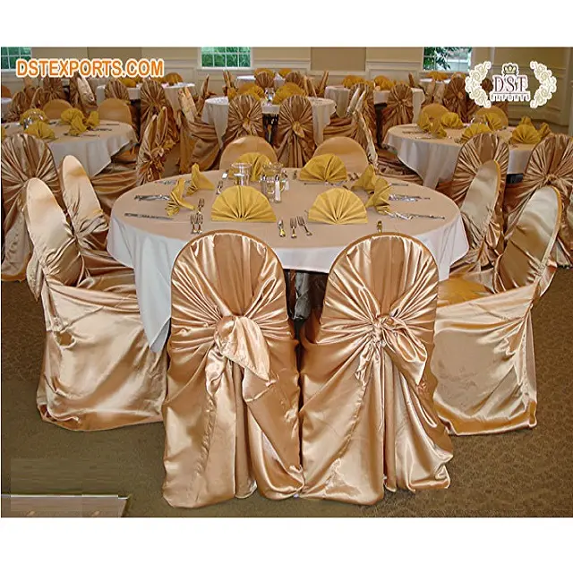 Stylish Banquet Hall Decor Chair Covers Golden Satin Chair Covers for Wedding Satin Self Tie Chair Covers for Wedding