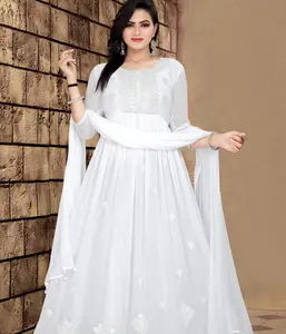 Schwere Stickerei Arbeit Georgette Anarkali Kleid für Damen Freizeit kleidung Party tragen ausgefallene Georgette Kurti und Dupatta mit niedrigem Preis