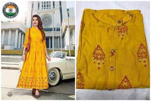 Belle robe de style indien pour femmes, jaune, soirée, couleurs unies, longueur 14 kg, avec impression de feuille, Kurti, exportation par Royal - Product Image 4