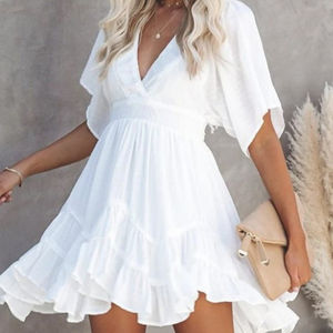 ชุดแม็กซี่เดรสลำลองผ้าลินินโบฮีเมียนสำหรับผู้หญิงชุดเดรสคอวีปักลายไซส์ใหญ่เอวธรรมชาติมีซิปแขนสั้นแต่งพู่ - Product Image 1