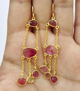 Elegante de Plata de Ley 925 chapado en oro Sandía Color Multi turmalina corte Polki Rosecut corte plano de moda pendientes de piedras preciosas - Product Image 3