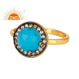Natural Turquoise Gemstone Cocktail <b>Ring</b> Jewelry Supplier <b>CZ</b> Jewelry Shiny 18k Gold Plated Sterling Silver Jewelry Wholesaler - Product Image 1