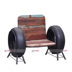 Sillón de exterior vintage contemporáneo de madera y metal con base de neumático y hierro para hotel, resort, restaurante, jardín, casa de campo - Product Image 3