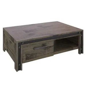 Custom Living Room Furniture Metal Combination Brushed Finish Acacia Wooden Rustic Coffee Table Home Furniture Solid Wood Modern