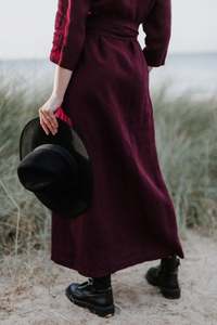 Robe longue sexy de plage, style bohème, élégante, couleur bordeaux, col en V, longueur au sol, manches courtes, 100% lin, unie, respirante - Product Image 4