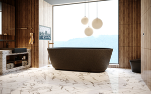 Función de remojo de bañera acrílica independiente para baño de piedra pequeña de tamaño personalizado con accesorio de drenaje inspirado en terrazo - Product Image 3