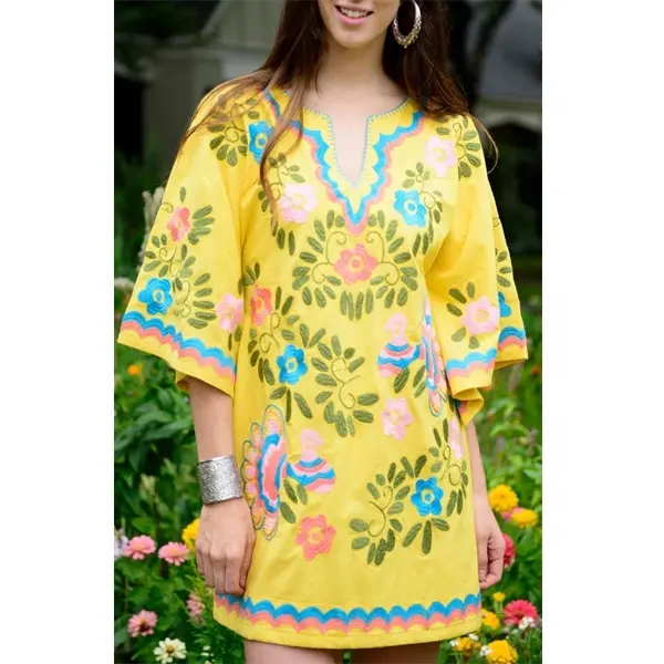 Best Selling Bright Yellow Bell Sleeve Peacock Sexy Short Dress Pocket Love Bird Embroidered Hippie Tunic