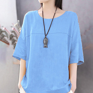 Custom Logo Fashion Solid Cotton Linen O-Neck Loose T-Shirt Casual Summer Ladies <b>Top</b> - Product Image 5