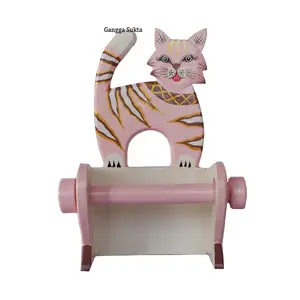 Wooden Roll Paper Towel Holder Kitchen Bathroom Cat Motif Tissue Stand