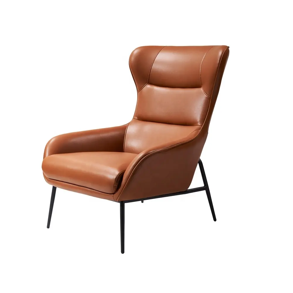 Sillón de cuero genuino con respaldo alto y respaldo largo, sillón de lujo Vintage para sala de estar, individual, de cuero con esponja tapizada