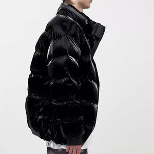 Blouson noir à capuche, en cuir noir, bulles, pour hommes, hiver - Product Image 4