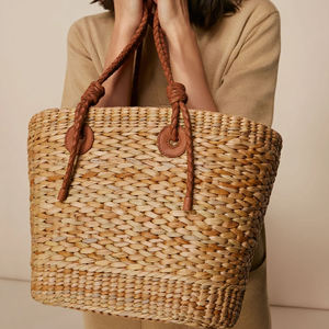 กระเป๋าผักตบชวาพร้อมสายหนังสุดหรู, กระเป๋าโท้ทหวายสไตล์วินเทจขายส่ง - Product Image 5