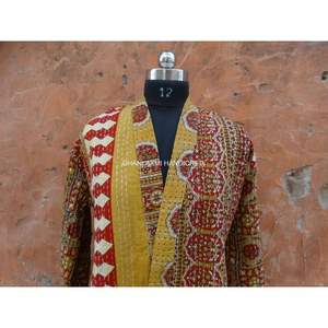 Veste courte maxi en coton jaune pour femmes, robe de chambre faite à la main, imprimé Ajrakh, broderie, vente en gros, Kantha, hiver, ethnique, tissé, Coct - Product Image 2