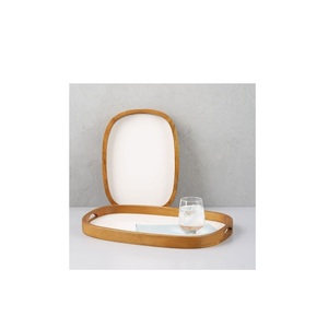 Plateau imprimé en émail en bois d'acacia de vente chaude avec des poignées en métal plateau en bois imprimé personnalisé de forme ronde - Product Image 6