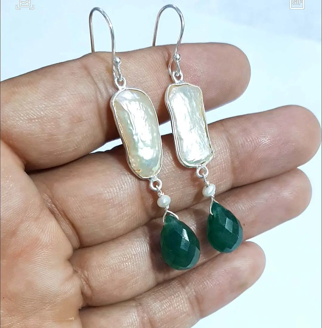 Luxo moda White Pearl-Ágata Verde Gota Forma Pedra Dangle Brinco Novo Olhando Sterling Silver Gota Dangle Brincos