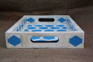 Plateau de service rectangulaire de haute qualité, fait à la main, avec motif hexagonal, incrustation d'os naturel, base en bois, pour hôtel, restaurant, qualité - Product Image 6