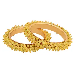 印度宝莱坞时装首饰黄色14 k镀金仿珍珠 (2件) 手镯手镯为妇女设置
