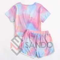 Ensemble de shorts pour femmes à prix bas avec logo personnalisé, tie-dye, 100% coton, taille plus, décontracté, été, 2 pièces, séchage rapide, respirant