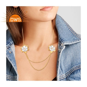 Collar de flores con doble cadena, joyería de fabricante, conjunto de circón blanco, chapado en oro, plata de ley, proveedor de joyería - Product Image 3
