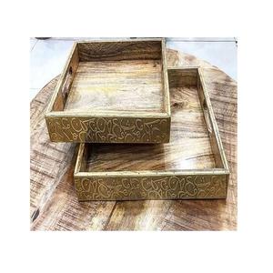 Plateau de service en bois au design islamique avec poignée en métal, qualité supérieure, ustensiles de cuisine pour servir des aliments et des collations - Product Image 2