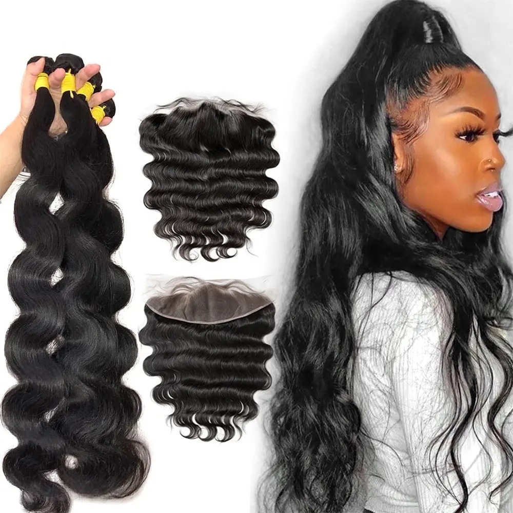 Top Quality Long Virgin Hair 26 28 30 40 Inch Brazilian Body Wave Human Hair Bundles With Lace Frontal