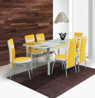 Ensemble de table à manger avec 6 chaises, plateau en verre trempé, construction moderne extensible en aggloméré, meubles de salle à manger durables pour la maison