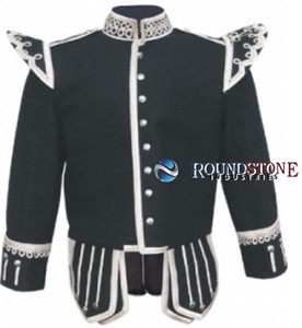 Cotton Long Sleeve Scottish Black Highland Doublet <b>Silver</b> Piping <b>Silver</b> Thistle Buttons Traditional Highland Dress <b>Jacket</b> - Product Image 3