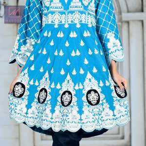 High Quality Cotton <b>Kurti</b> with Jeans Trouser Latest Design Indian Embroidery Frock Style Pakistani Clothing - Product Image 2