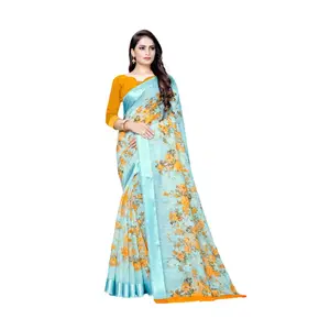 Độc Quyền Nhất Xu Hướng Chất Lượng Hàng Đầu Mềm Linen Cotton Saree Với Bản In Đẹp Phụ Nữ