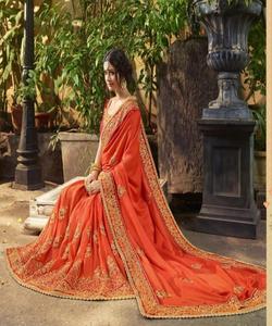 Vêtements de fête Designer brodé Net Soie Fleur Conception Indienne Dames Porter Orange Couleur Saree avec Blouse Pièce Perle Travail Sari Vêtements - Product Image 4