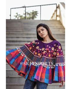Vestido Midi Bohemio para Mujer, con Bordado Floral, Cuello Redondo, Manga Farol Holgada, 100% Algodón Ecológico, Dobladillo a Cuadros Morado, Estilo Casual de Verano - Product Image 1