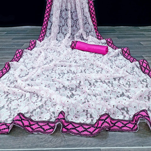 Nouvelle couleur blanche rose dentelle bordure Georgette Saree avec chemisier non cousu dernier concepteur Bollywood Style Alphanumero Corporation ethnique - Product Image 1