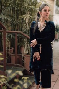 NEWLY STYLISH EMBROIDERY WITH CRYSTAL GLASS BEADS,DABKA, RESHAM WORK on VELVET KAMEEZ ,<b>PANT</b> DRESS for Party-WEAR /WEDDING@ 2022 - Product Image 2