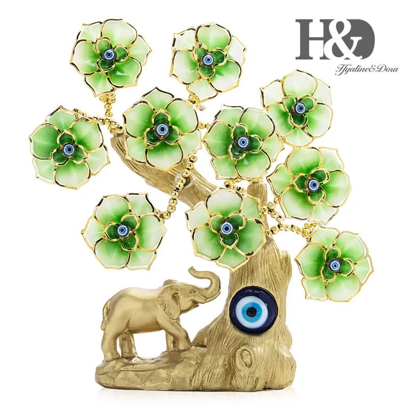 H & D Pohon Keberuntungan Emas Mata Jahat Biru Turki dengan Patung Gajah dan Bunga Hijau untuk Dekorasi Rumah