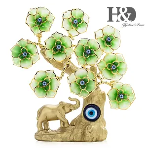 H&D Turkish Blue Evil Eye Gold Fortune Tree with Elephant Figurine and Green Flowers for Home Decor