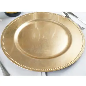 Gold Beaded Round Charger Plates for Tabletop Decor Holiday Wedding Catering Event Decoration