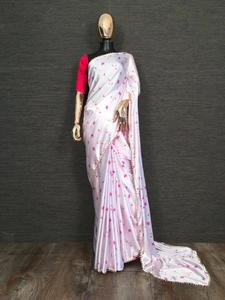 Saree-ropa de seda para fiesta, tejido de satén con estampado digital y encaje de perlas, para mujeres - Product Image 2