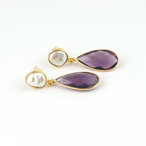 Boucle d'oreille en pierre naturelle d'eau douce, sans vernis, perle et briolette, quartz d'améthyste violet, goutte, plaqué or/argent - Product Image 1