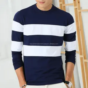 Großhandel 100% reine Baumwolle blau und weiß Streifen gebrandmarkt Rundhals ausschnitt benutzer definierte Stickerei T-Shirt