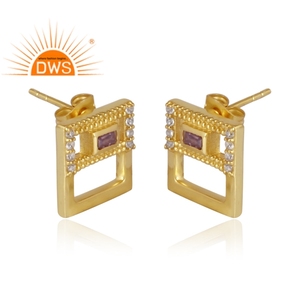 Handmade Design Natural Zircon Amethyst And Cz Gemstone Stud Earring For Women Fashion Jewelry Manufacturer - Product Image 2