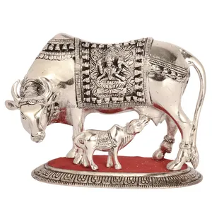 White metal carved religious cow with calf statue in silver antique finish Religious item