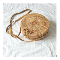Tas Anyaman Rotan Alami Vietnam dengan Pegangan Kulit dan Lapisan untuk Wanita, Hadiah Pantai, Pesta, Hadiah Perjalanan, Mode Pantai