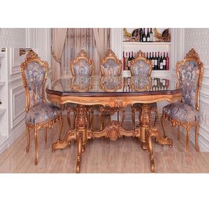 Italian Solid Wood Antique Dining Table Set Classic Italian Dining Room Table Set Antique Gold Finish 6 Seater Dining Table Set - Product Image 1