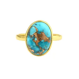 女式绿松石首饰戒指顶级品质天然蓝铜绿松石椭圆形戒指供应商纯银镀金戒指