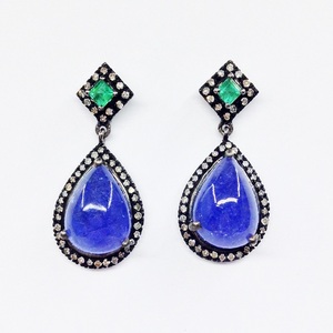 Pendientes colgantes artificiales hechos a mano para mujer, aretes de diamantes de tanzanita y Esmeralda, oro de 14 quilates, venta al por mayor - Product Image 1
