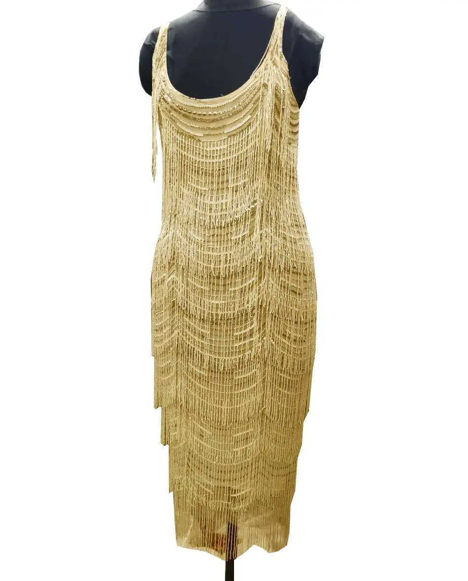 Attractive Light Gold Fully Beaded Tassels Cocktail Short Dress